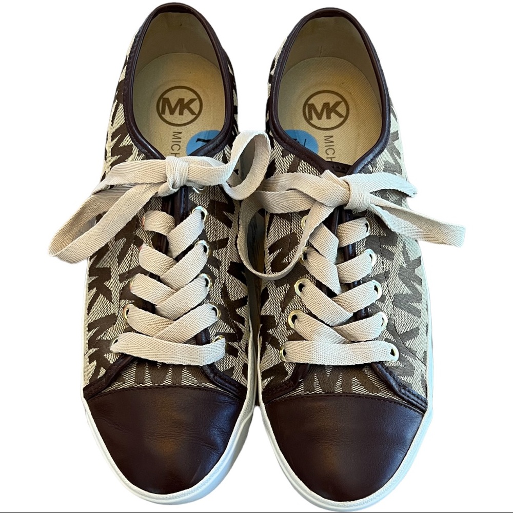 Like New Michael Kors Leather & Canvas Sneakers MK Logo Brown & Tan Size 7.5 - Picture 9 of 12